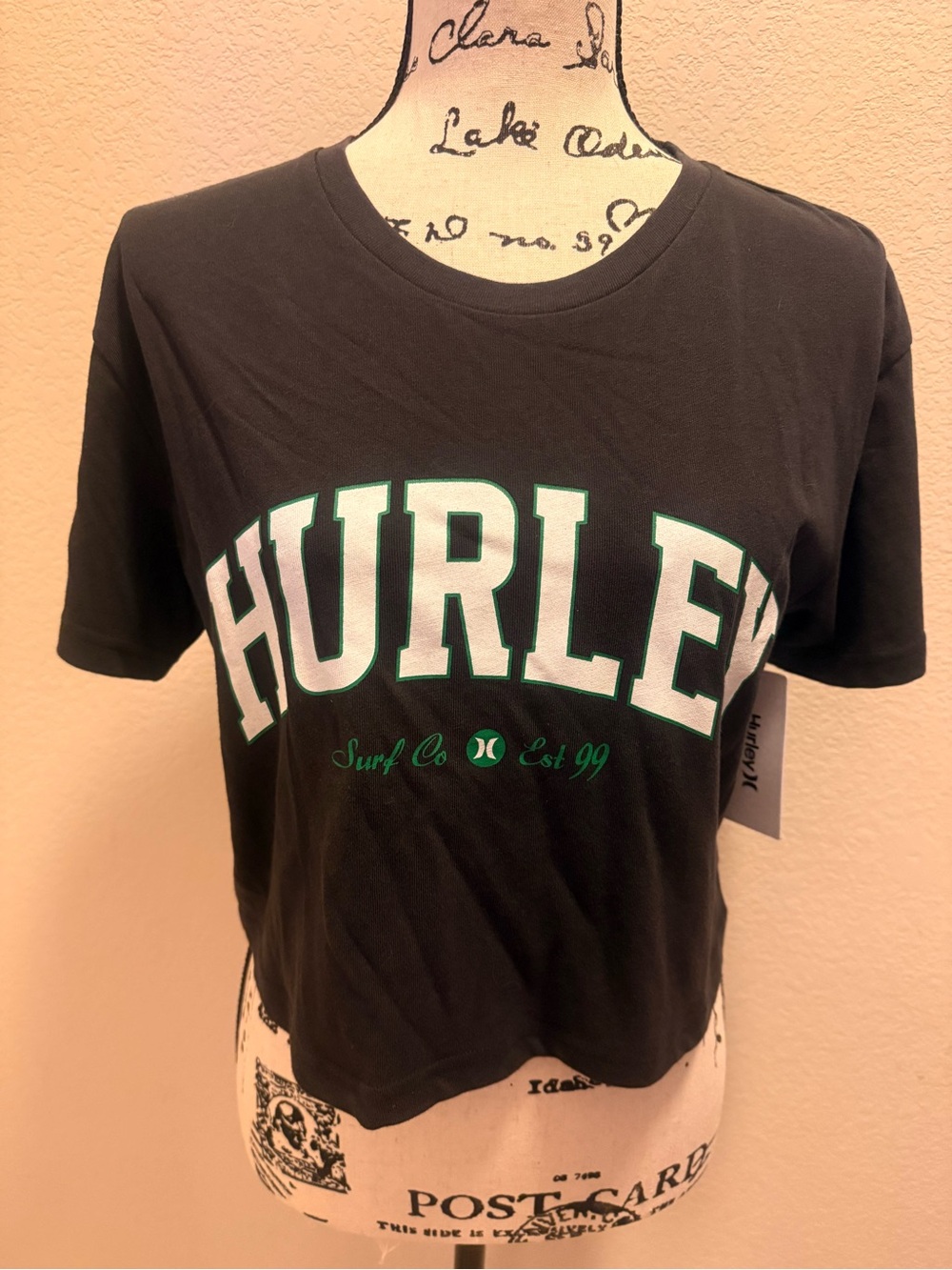 Hurley Black Crop Tee with White and Green Logo